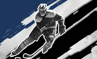 A black and white image of a hockey player in motion against a blue and black abstract background.