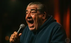 A man in a blue hoodie holds a microphone and shouts with his mouth wide open.