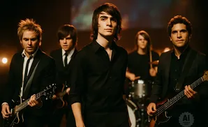 A band of five young men in black suits and shirts perform on stage.