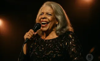 Singer with gray hair and a sequined dress laughs into a microphone.
