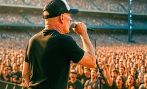 Man in a black t-shirt and baseball cap sings into a microphone on stage, facing a large, cheering crowd.