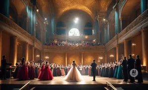An orchestra performs in a grand, ornate hall filled with people in formal attire.