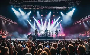 A rock band performs on a brightly lit stage for a cheering crowd, many holding up phones.