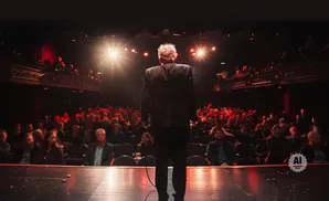 A man in a suit on stage faces a crowded audience in a dimly lit theater.