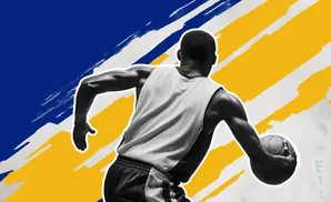 A basketball player dribbles the ball against a bold blue and yellow abstract background.
