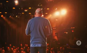 A bald man stands facing away from the camera on a dimly lit stage, with a crowd of people watching.