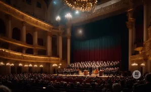 A choir and orchestra perform on stage in a grand, ornate opera house, with an audience in the foreground.