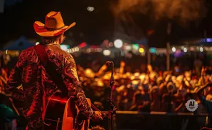A country musician with a cowboy hat and guitar plays on stage with a blurred crowd in the background.