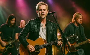 A band performs on stage with a lead singer playing an acoustic guitar and wearing a black leather jacket.