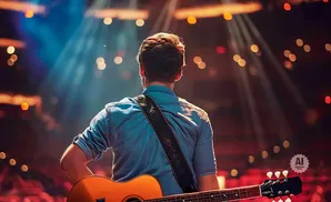 A man plays an acoustic guitar on stage, bathed in dramatic stage lighting and surrounded by bokeh lights.