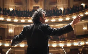 A conductor with curly hair leads an orchestra in a grand concert hall.