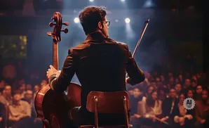 A cellist plays for an audience on a stage lit by spotlights.