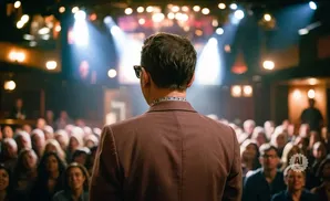 Man in a suit facing an audience under stage lights.