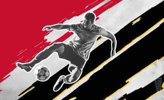 A soccer player mid-air, kicking a soccer ball, with a dynamic red, black, and white background.