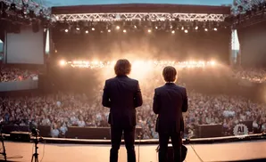 Two men in suits stand on a stage looking out at a large, cheering crowd during a concert.
