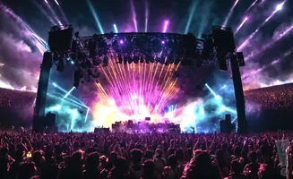 A vibrant outdoor concert with a massive crowd enjoying a spectacular light show and fireworks.