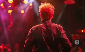 Back view of a man with curly red hair on stage, illuminated by red and pink lights.