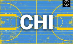 A blue and yellow stylized basketball court with a basketball icon in the upper right corner.