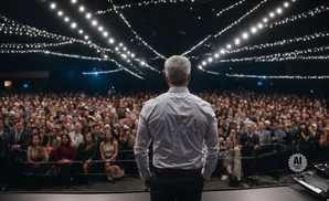 Man with gray hair in a white shirt stands facing a large audience under strings of lights.