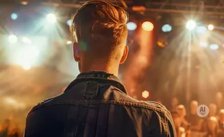Man in denim jacket faces a crowd with bright stage lights behind him.