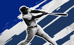 A baseball player swings a bat against a blue and white abstract background.