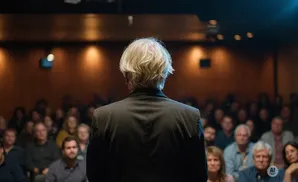 Man with long, light-colored hair seen from behind, wearing a suit jacket, speaks to an audience in a dimly lit room.