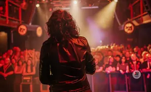 A person in a leather jacket faces a crowd during a concert, illuminated by stage lights.