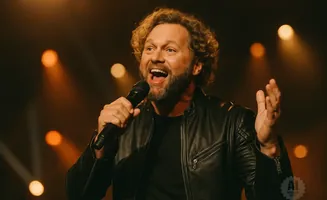 Man with curly hair and beard sings into a microphone wearing a black leather jacket.