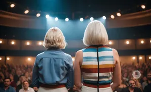 Two women with blonde bob haircuts stand on a stage facing an audience, one in a blue shirt, the other in a striped dress.