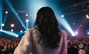 Woman in fuzzy white jacket on stage with blue spotlights and a cheering crowd.