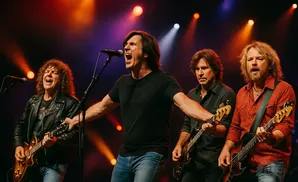 A band performs on stage with bright lights behind them.