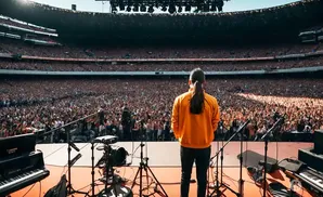 A person in an orange jacket stands on stage facing a massive, cheering stadium crowd.