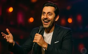 A man in a suit laughs holding a microphone, with his left hand raised.