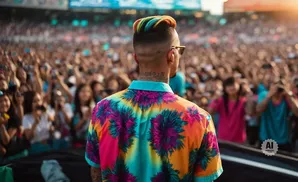 A man with rainbow-colored hair performs for a large, blurred crowd at an outdoor concert.
