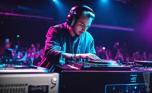 A DJ with headphones on, mixing music on turntables in a club with a crowd in the background.