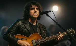 A man with curly hair wears a black leather jacket and plays an acoustic guitar on stage with a microphone nearby.