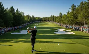 Golfer swings during a tournament, with spectators lining the fairway and trees in the background.
