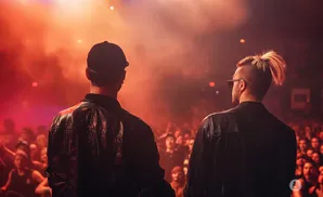 Two men in leather jackets face a cheering crowd bathed in red light.