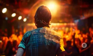 A person in a plaid shirt faces a bright stage light in a blurry, energetic crowd.