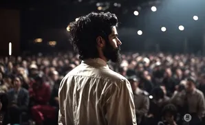 A man with dark, curly hair and a beard speaks to a large, blurred audience in a dark room with spotlights.