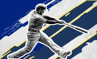 Baseball player swinging a bat with a blue and yellow background.