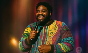 A Black man with a beard smiles holding a microphone, wearing a colorful, patterned sweater.