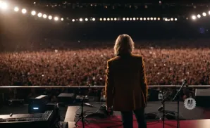 Musician in a brown jacket facing a large, cheering crowd at a concert.