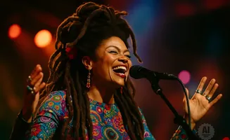 A woman with dreadlocks laughs into a microphone, wearing a colorful, patterned top and dangling earrings.