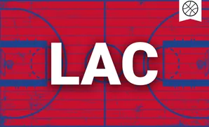 A stylized basketball court with red wooden planks and blue lines. A basketball icon is in the top right corner.