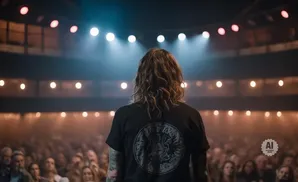 A musician with long hair stands on a stage, facing a large, cheering crowd.