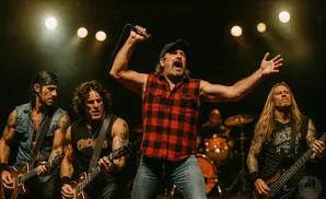 A band performs on stage with spotlights and drums visible.