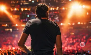 Man in a black t-shirt facing a crowd with bright stage lights.