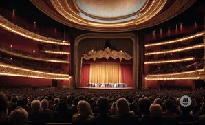 A grand opera house stage with a full audience seated in plush red velvet seats.