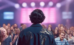 Person in a dark jacket with gold design facing a blurred crowd at a concert.